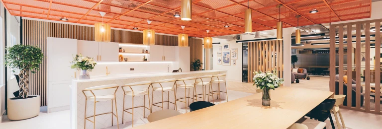 Manchester's Tootal Building renovated private offices featuring Banker WD-268 welded wire mesh as an accent ceiling feature.