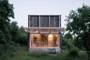 BYRÓ architekti’s charred wood-clad garden pavilion in Prague reimagines the mundane garden shed